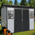 8x4ft Resin Outdoor Storage Shed with Floor and 2 Windows, Plastic Sheds & Outdoor Storage Clearance for GardenTools, Patio Furniture, Bike Accessories and Lawn Mower, Black+Grey