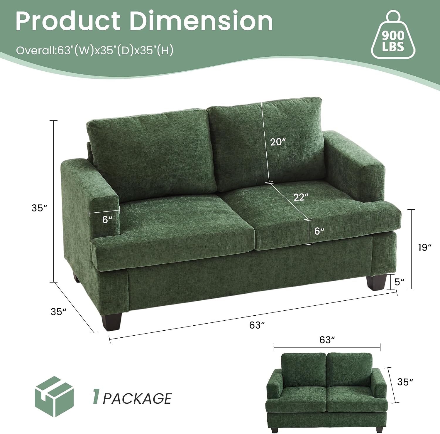 YOUDENOVA 2 Piece Set Comfy Sofa Couch, 3 Seater & Loveseat Sofa with Deep Seats, Modern Sleeper Couch for Living Room, Green Chenille