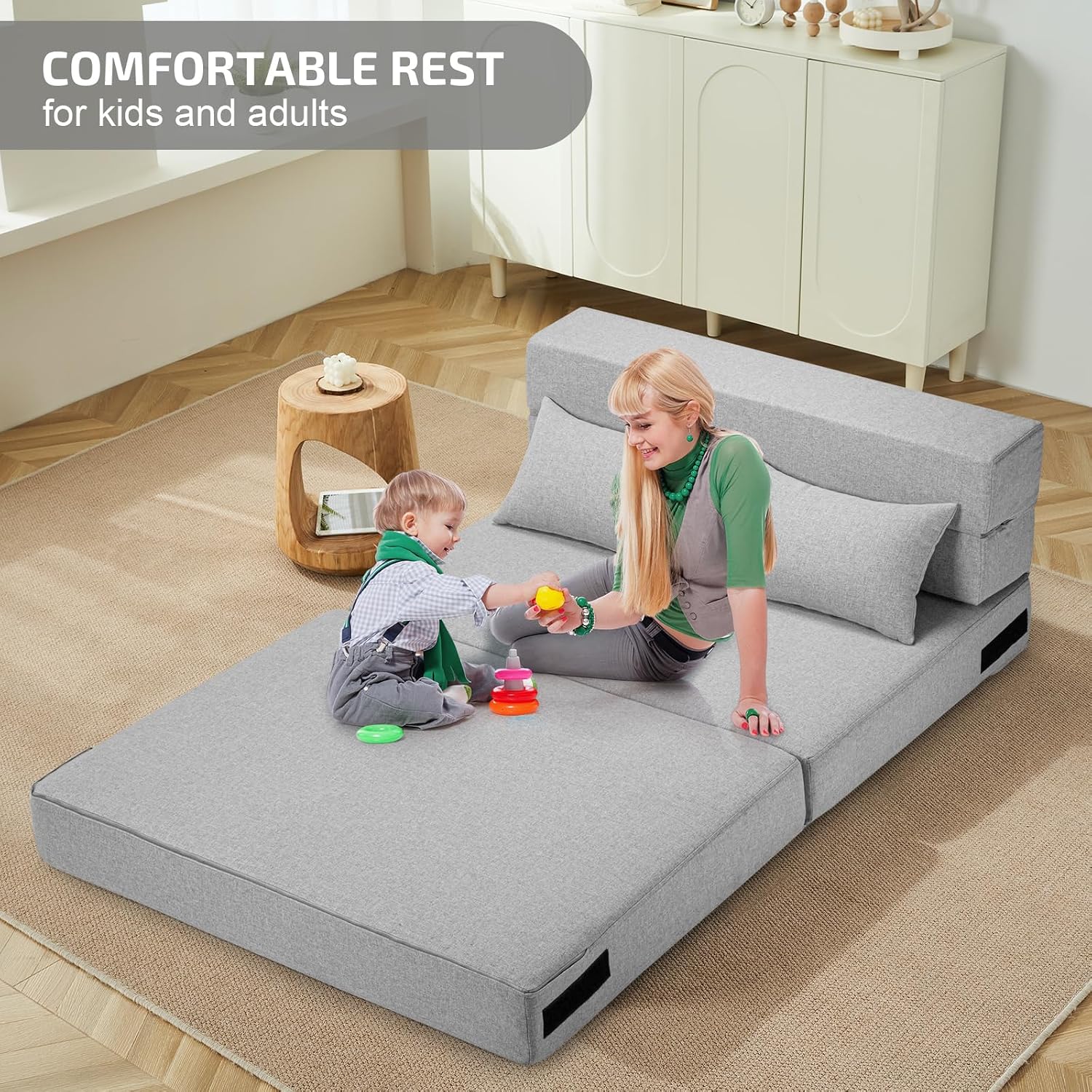SUYOLS Folding Sofa Bed with Pillows- Convertible Chair Floor Couch & Sleeping Mattress, Foldable Memory Foam Sleeper for Living Room/Dorm/Guest Room/Home Office/Apartment/Loft, Twin, Light Gray