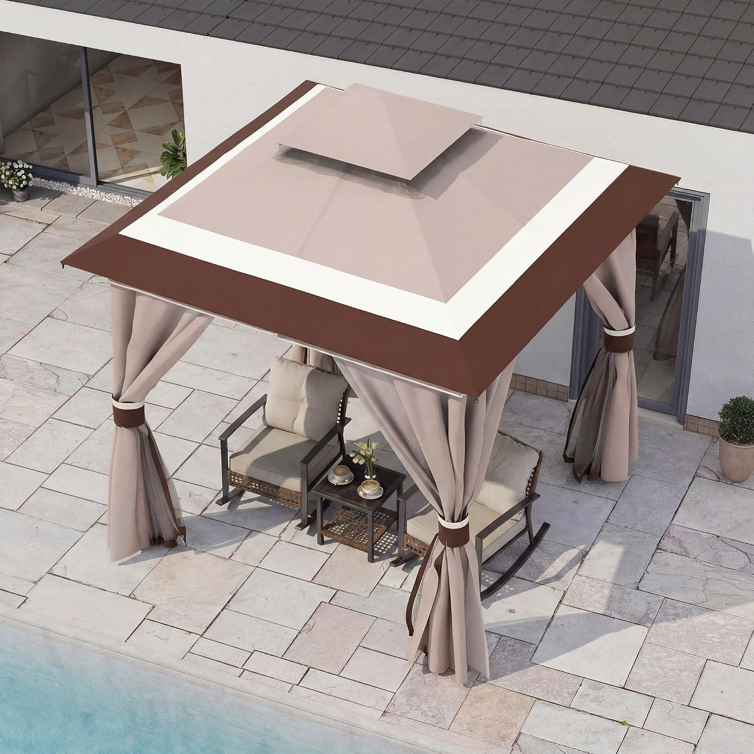 LAUSAINT HOME 8'x8' Outdoor Gazebo, Metal Frame Heavy Duty Patio Canopy Tent Shelter with Double Roofs, Mosquito Nettings and Privacy Screens for Backyard, Garden, Lawn, Classic Khaki