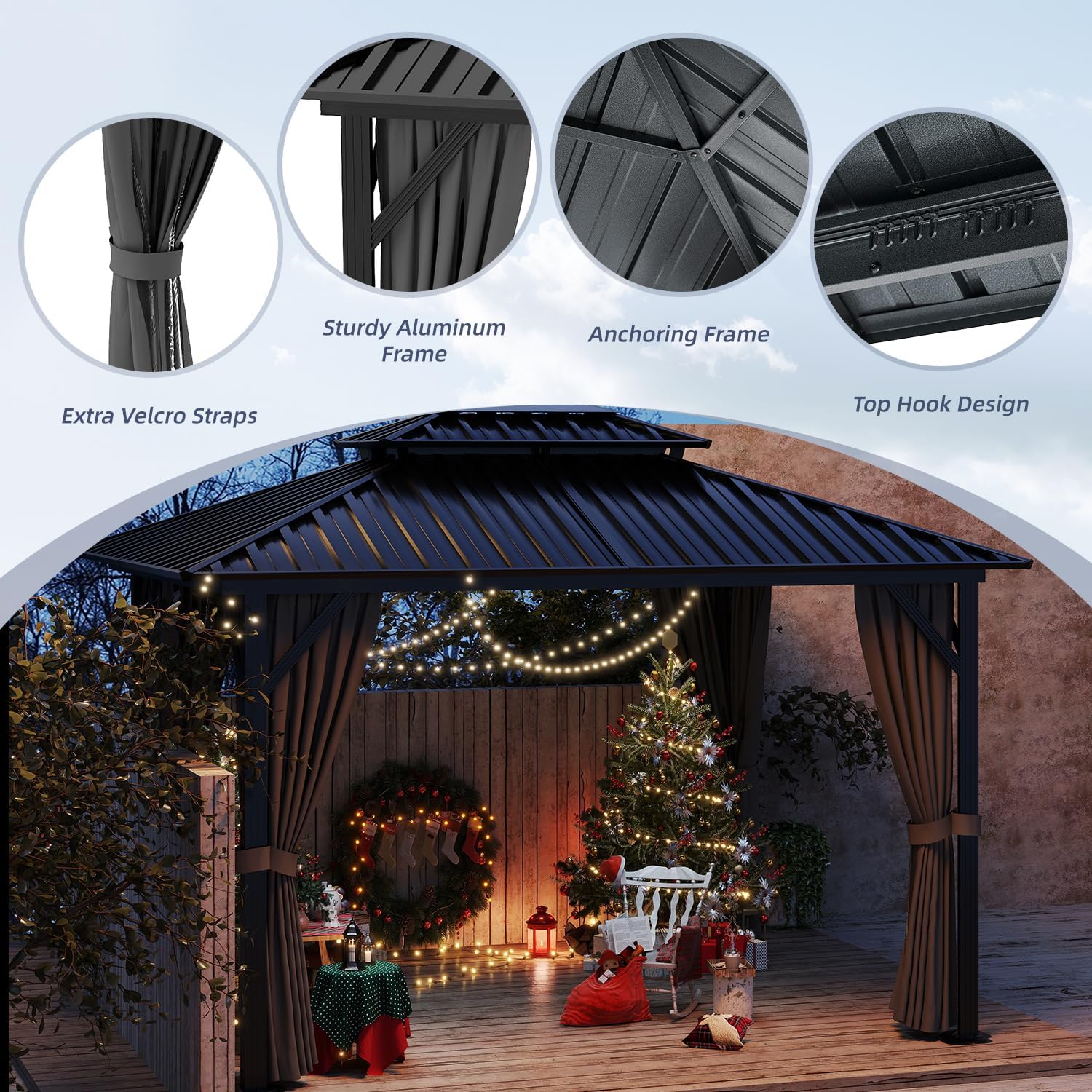 10'x12' Hardtop Gazebo, Double Galvanized Steel Roof with Sturdy Aluminum Frame, Outdoor Pavilion with Mosquito Netting and Privacy Curtains for Patio, Deck, and Backyard