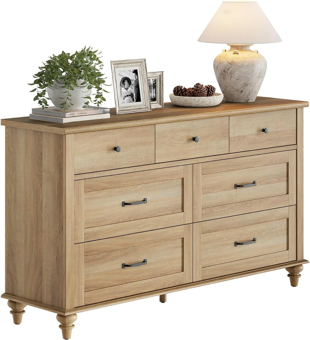 WAMPAT Dresser TV Stand for 65 Inch TV, Farmhouse TV Console Table Entertainment Stand with 7 Drawers, Wooden Media Storage Dresser for Living Room Bedroom, Oak, 54 Inch