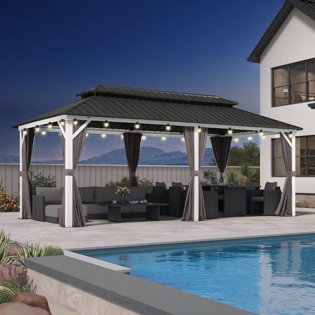 PURPLE LEAF 10' X 20' Outdoor Gazebo Galvanized Steel Double Roof White Aluminum Frame Hardtop Heavy Duty Gazebo with Curtain and Netting for Patio Garden and Backyard, Grey