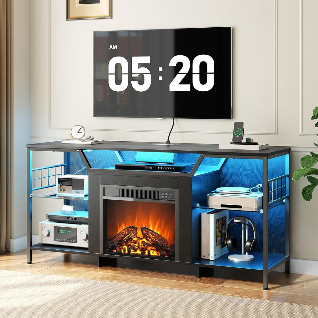 HOOBRO Fireplace TV Stand with LED Lights for TVs up to 65 Inch, Electric TV Stand with Fireplace with Charging Station, Entertainment Center with 18' Fireplace, Media TV Console, Black BB147UDDS01