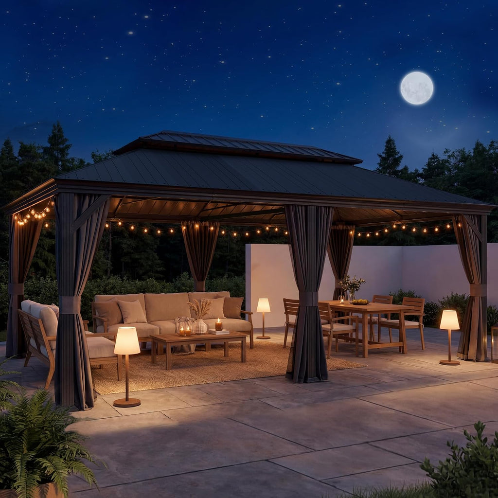Domi 14' X 24' Hardtop Gazebo, Upgraded Metal Gazebo with Dual-Layer Resin Roof, Drainage System, Curtain and Netting, Outdoor Shelter Canopy for Patio, Garden, and Backyard, Grey