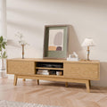 TOLEAD 59' Mid Century Modern TV Stand for TVs up to 65 Inch, Low Profile Entertainment Center with Fluted Sliding Doors & Storage, Wood TV Console Table for Living Room, Oak