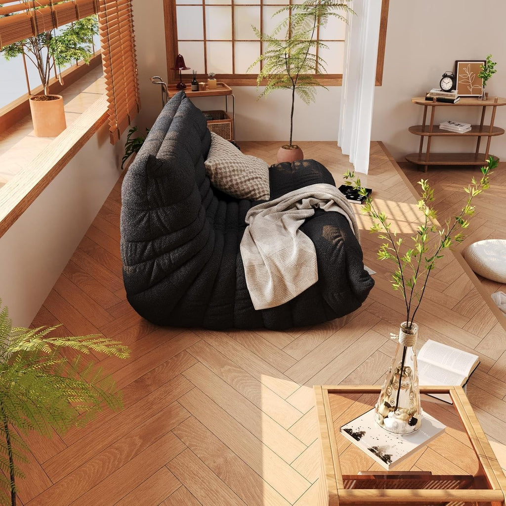 Giant Loveseat Boneless Bean Bag Chair for Adults - Teddy Fleece Fireside Accent Chair with Memory Foam, Comfy Lazy Floor Sofa Couch Chaise Lounge for Living Room Bedroom Theater, 2 Seater, Black