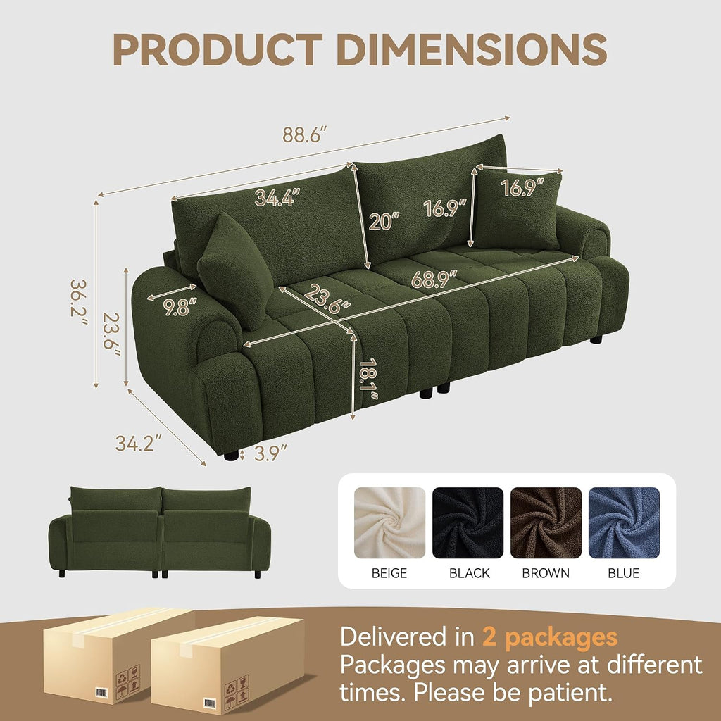 88 'Modern Boucle Sofa Couch, Oversized Comfy 3 Seater Sherpa Curved Sofas Deep Seat, Upholstered Loveseat Teddy Round Arm Couches for Living Room, Bedroom, Green