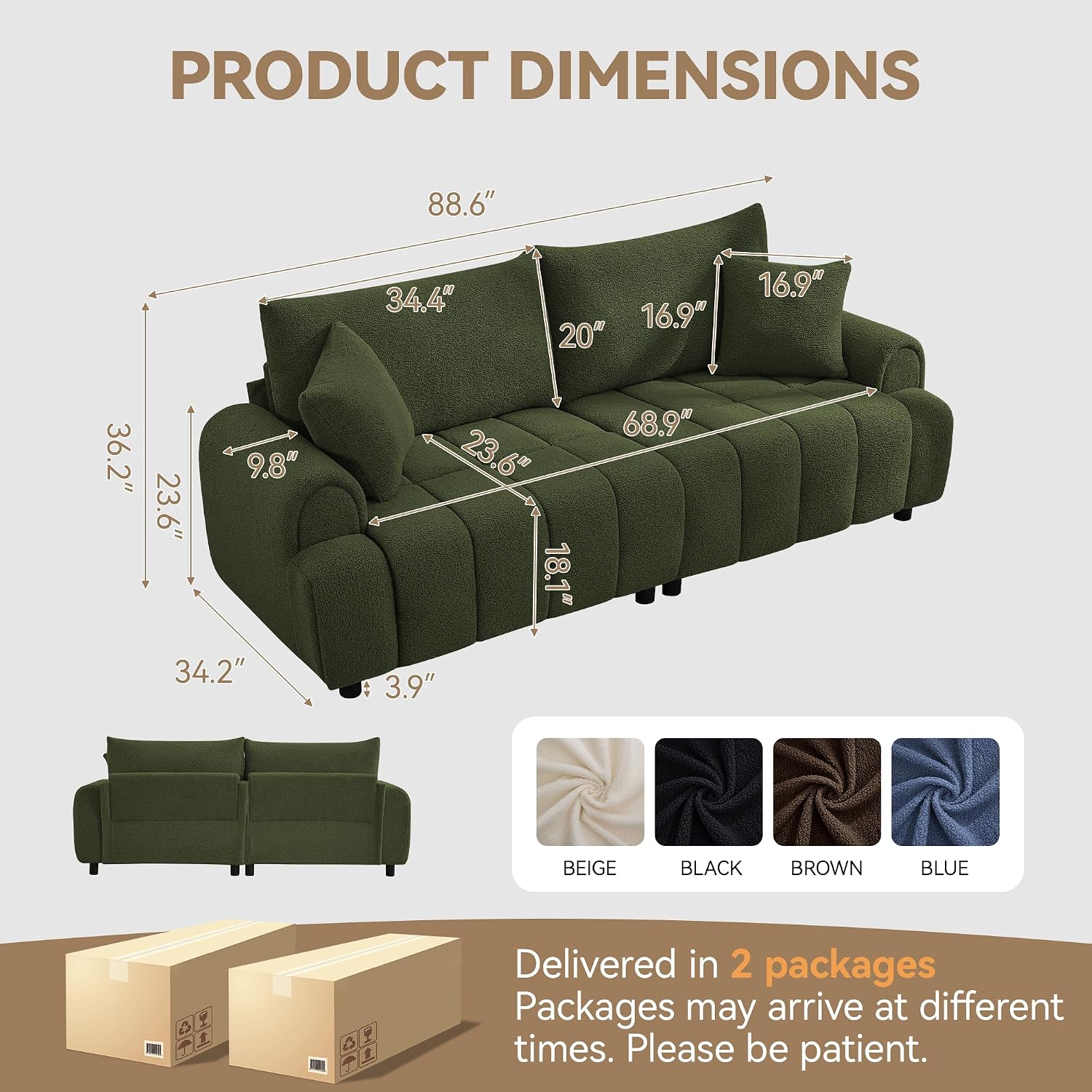 88 'Modern Boucle Sofa Couch, Oversized Comfy 3 Seater Sherpa Curved Sofas Deep Seat, Upholstered Loveseat Teddy Round Arm Couches for Living Room, Bedroom, Green