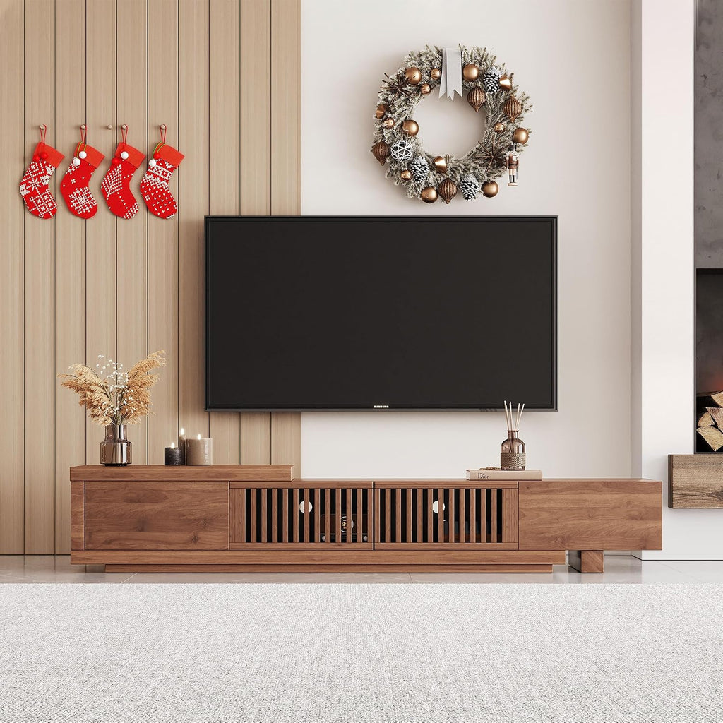 Mid Century Modern TV Stand for 75+ Inch TVs, Extendable Media Console (78'-103') with Ample Storage - Sleek Walnut Entertainment Center for Living Room