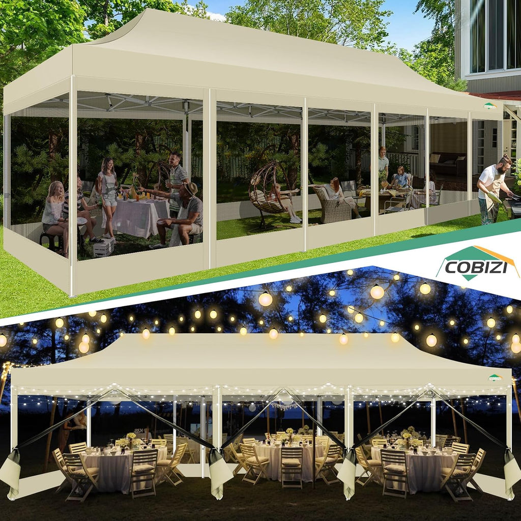 COBIZI 10x30 Pop Up Canopy with Sidewalls, Heavy Duty Canopy with Mosquito Netting, Easy up Screen Party Tents for Parties Backyard Outdoor Commercial Event Gazebo with Roller Bag, Sandbags, Khaki