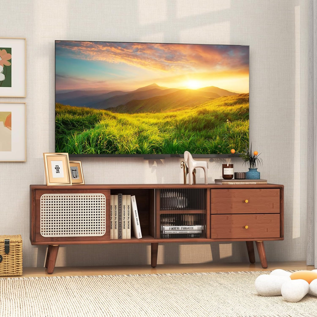 Tangkula Mid Century Modern TV Stand for TVs up to 65', Bamboo Entertainment Center w/Glass & PE Rattan Sliding Doors, 2 Drawers, Adjustable Shelf, Wood Legs, Media Console (Bamboo 2-Walnut)