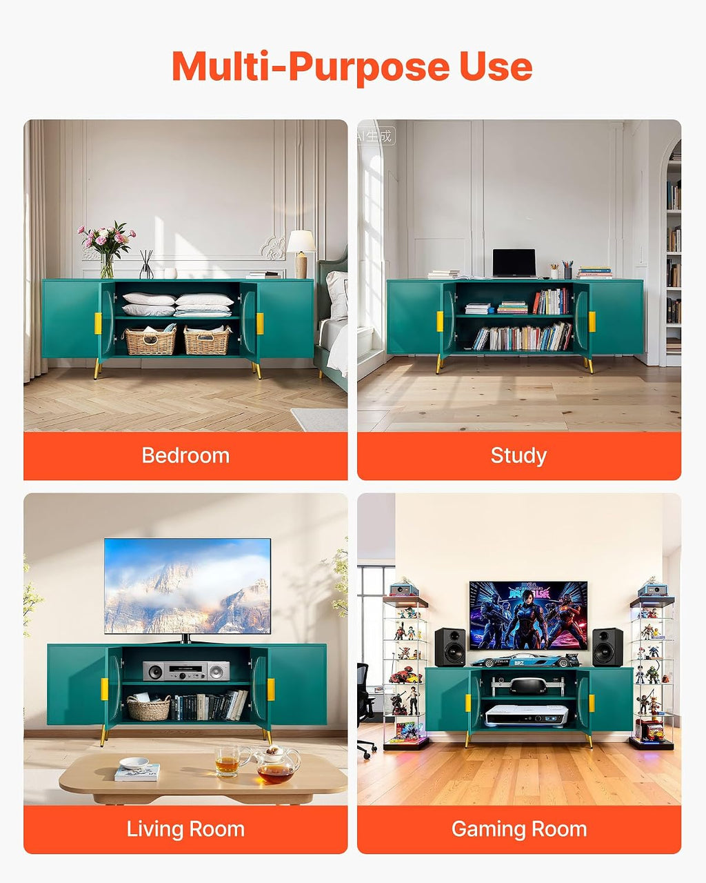 VEVOR TV Stand for TVs up to 75 inch, Modern Entertainment Center with Glass Doors and Gold Legs, TV Storage Cabinet with Adjustable Shelves, Wood Media Console for Living Room and Bedroom, Dark Green