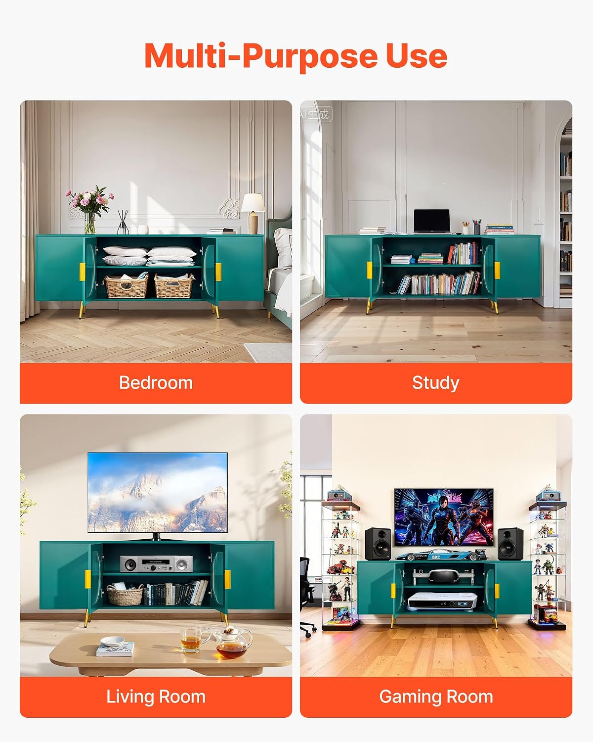 VEVOR TV Stand for TVs up to 75 inch, Modern Entertainment Center with Glass Doors and Gold Legs, TV Storage Cabinet with Adjustable Shelves, Wood Media Console for Living Room and Bedroom, Dark Green