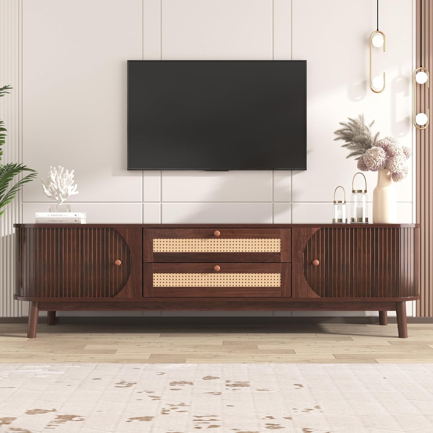 Merax Rattan TV Stand for TVs up to 75', Modern Farmhouse Media Console with Multi-Functional Storage, Boho Entertainment Center with Solid Wood Legs, Television Cabinet for Living Room, Natural+Brown
