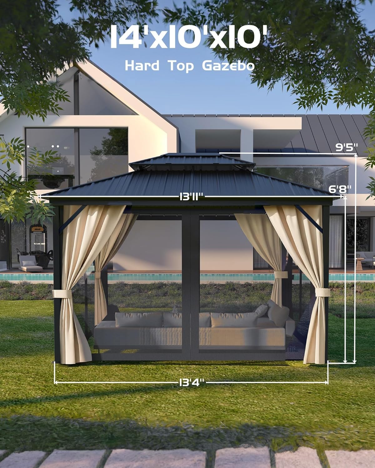 GarveeLife Hardtop Gazebo 10 ft x14 ft for All Weather, with Double Metal Roof, Aluminum Alloy Frame, Net, and Curtain, Permanent Building for Patio, Deck, Backyard, Lawn, and Garden