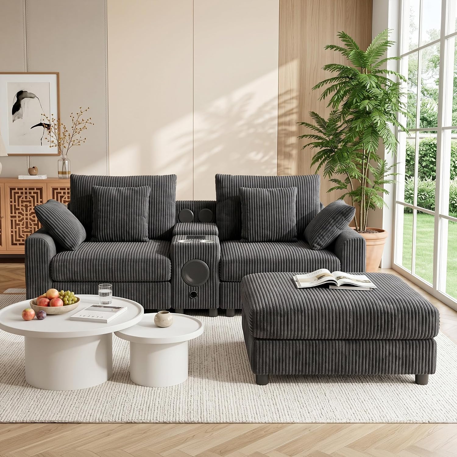 MAKIAAP 83' Corduroy Sectional Modular Couch with Speakers, Comfy Deep Seat Loveseat Sofa with Movable Ottoman, Console, USB Charger, Cup Holders, Storage for Living Room (Gray, 83in)