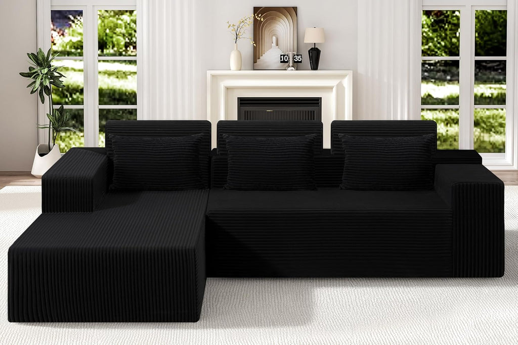 Homguava Modular Sectional Couches for Living Room,105' Cloud Couch with L-Shape Chaise,Comfy Sofa Living Room Sofas with Deep Seat,No Assembly L Couch,Corduroy Fabric(Black,L)