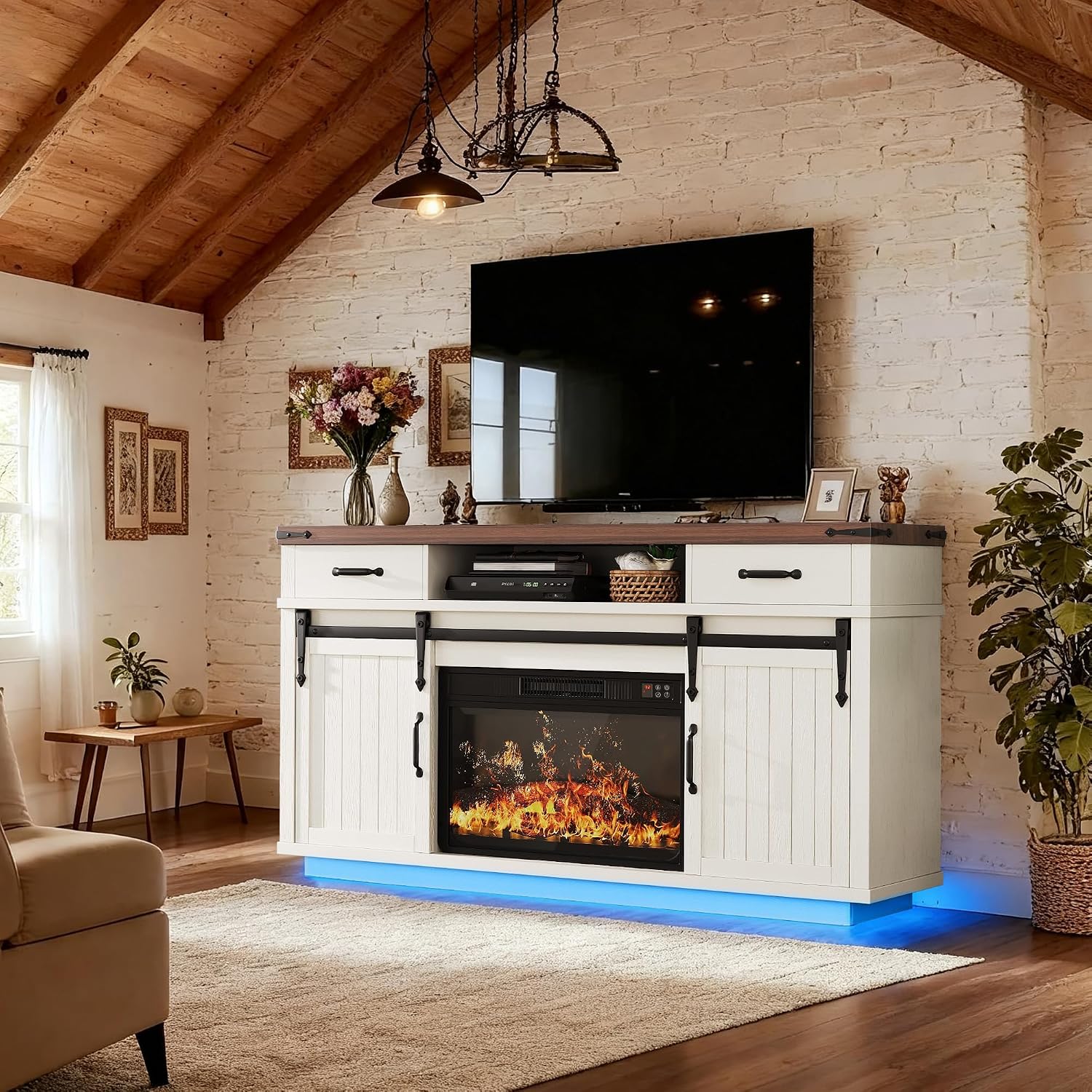 Fireplace TV Stand for TVs up to 65', Electric Fireplace with 3D Flame, Farmhouse LED Light Entertainment Center with Sliding Barn Door, Media Console with Storage Cabinets for Living Room (White)