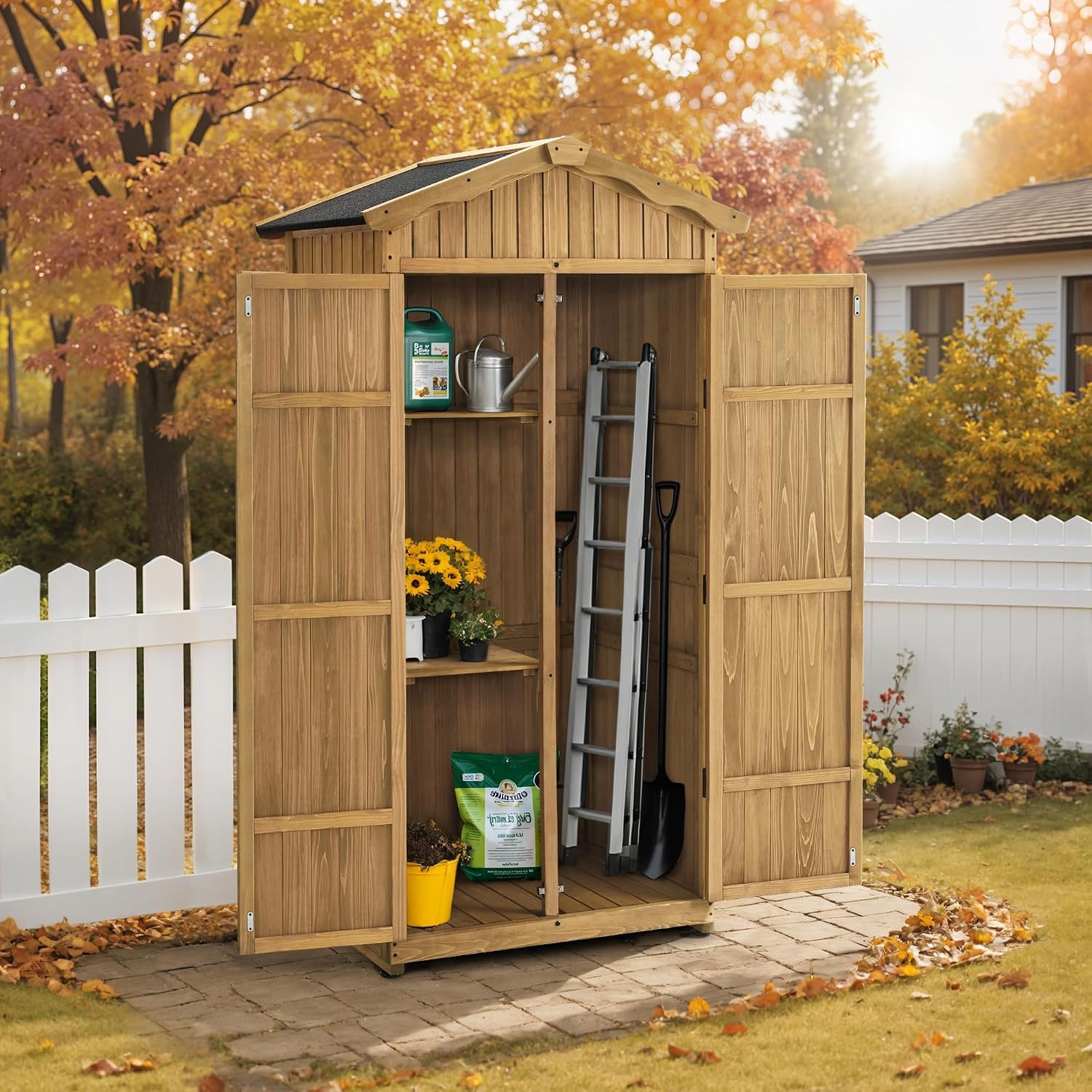Macrout Outdoor Storage Cabinet, 75 Inches Lockable Wooden Storage Shed with Removable Shelves, Tall Tool Shed with for Yard Patio Lawn, 1165