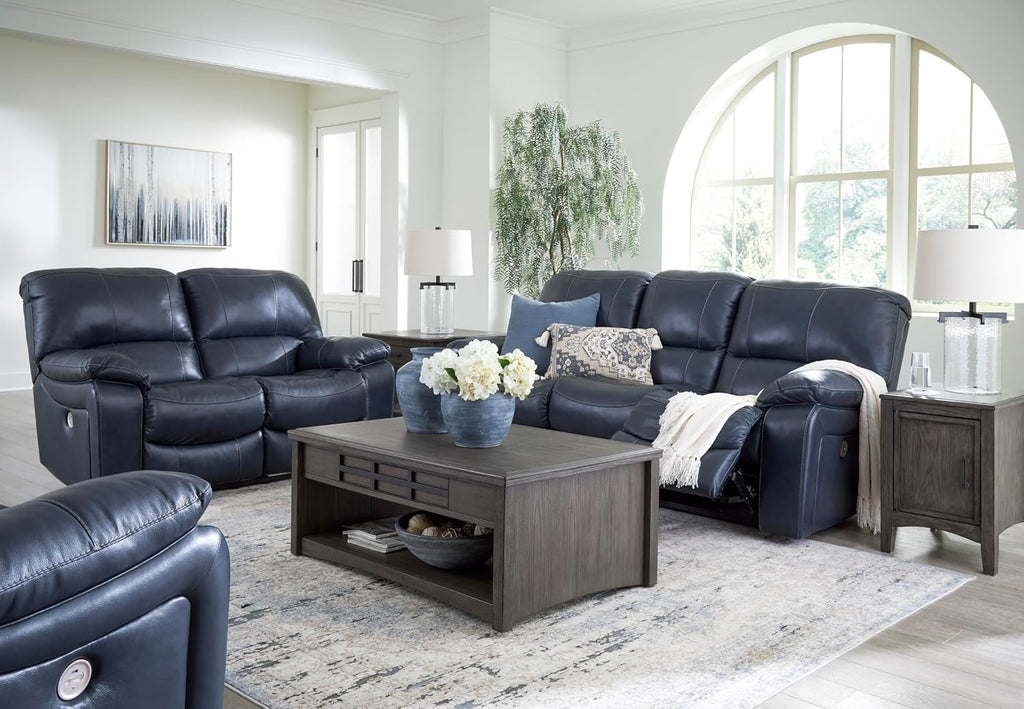 Signature Design by Ashley Leesworth Contemporary Power Reclining Loveseat with One-Touch Control and USB Charging Ports, Leather, 20' Seat Height, Blue