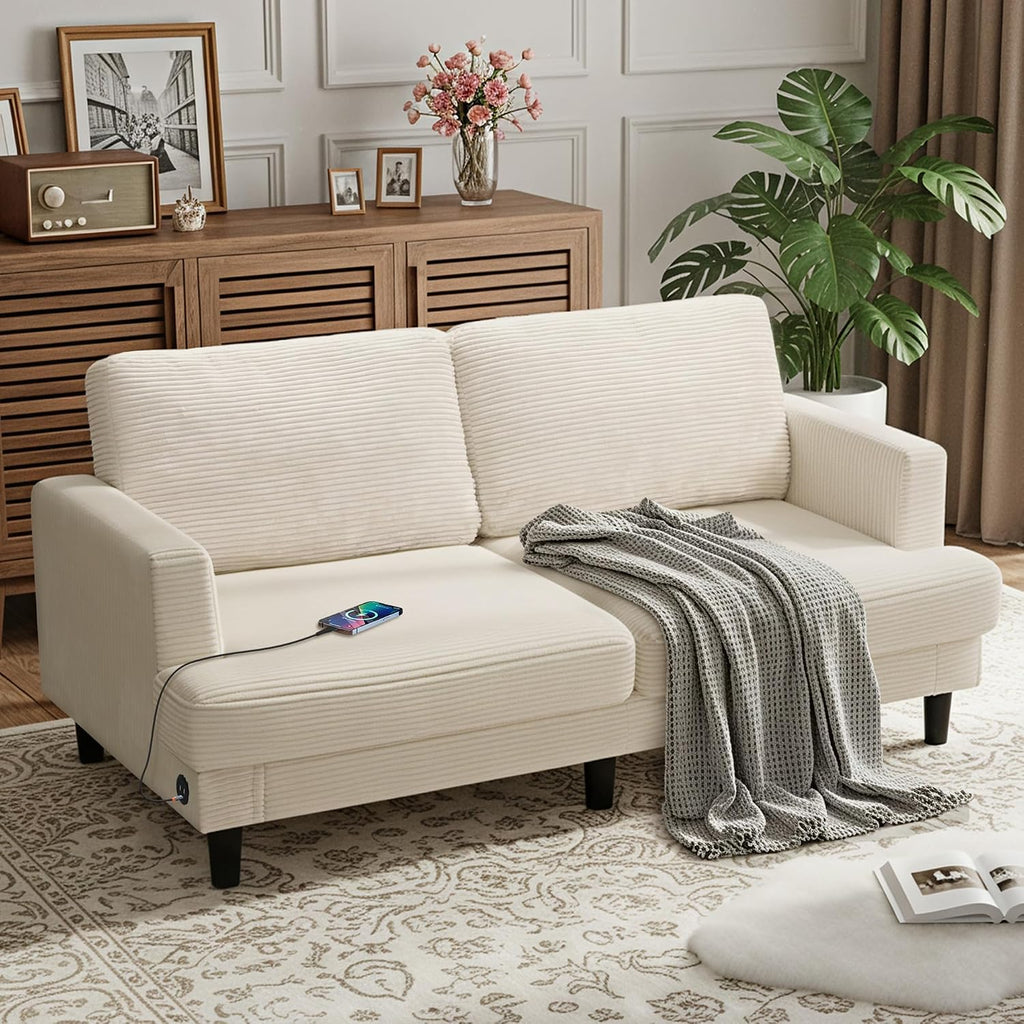 MAKIAAP 70' Loveseat Sofa for Living Room, Comfy Corduroy Couch with USB & Type-C Ports, Modern 2-Seater Deep Seat Small Couch for Bedroom, Apartment, Office – Soft Cushions & Sturdy Frame (Beige)