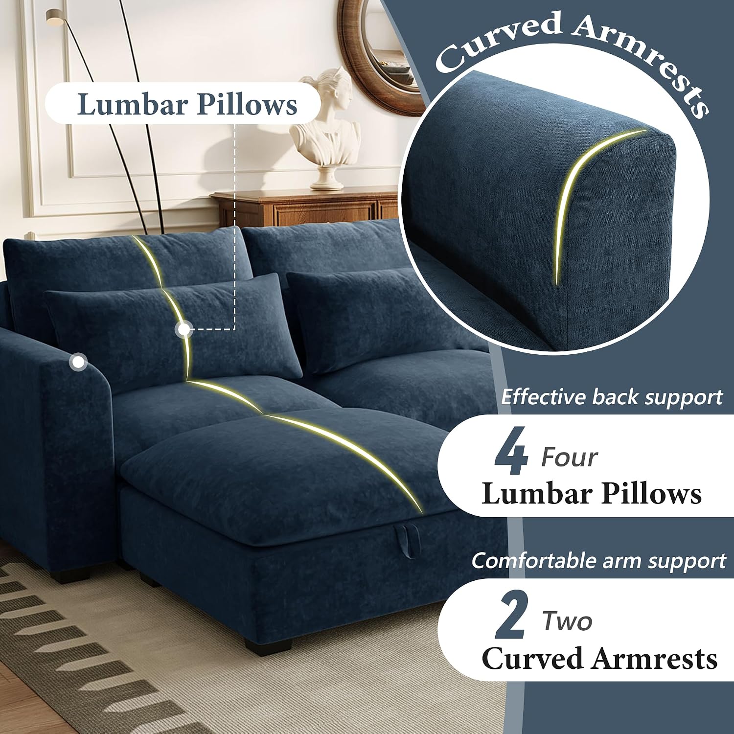 U-Shaped Modular Sofa Freely Transformable Living Room Corner Couch with Two Ottomans, Suitable for Home