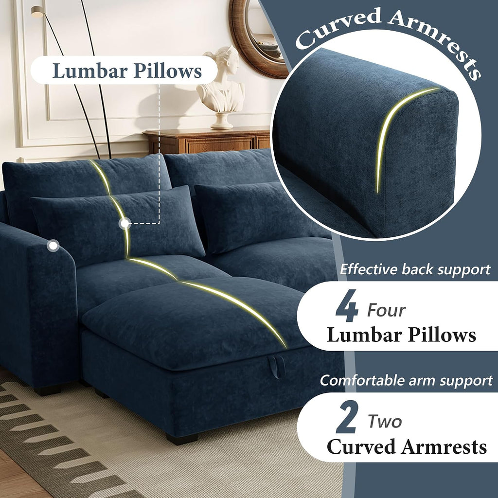 LUMISOL Sectional Sofa with Movable Ottomans, U-Shaped Linen Blend Fabric Couch with Storage Ottomans, 131.9' Upholstered Modular Sofa for Living Room Apartment, Blue