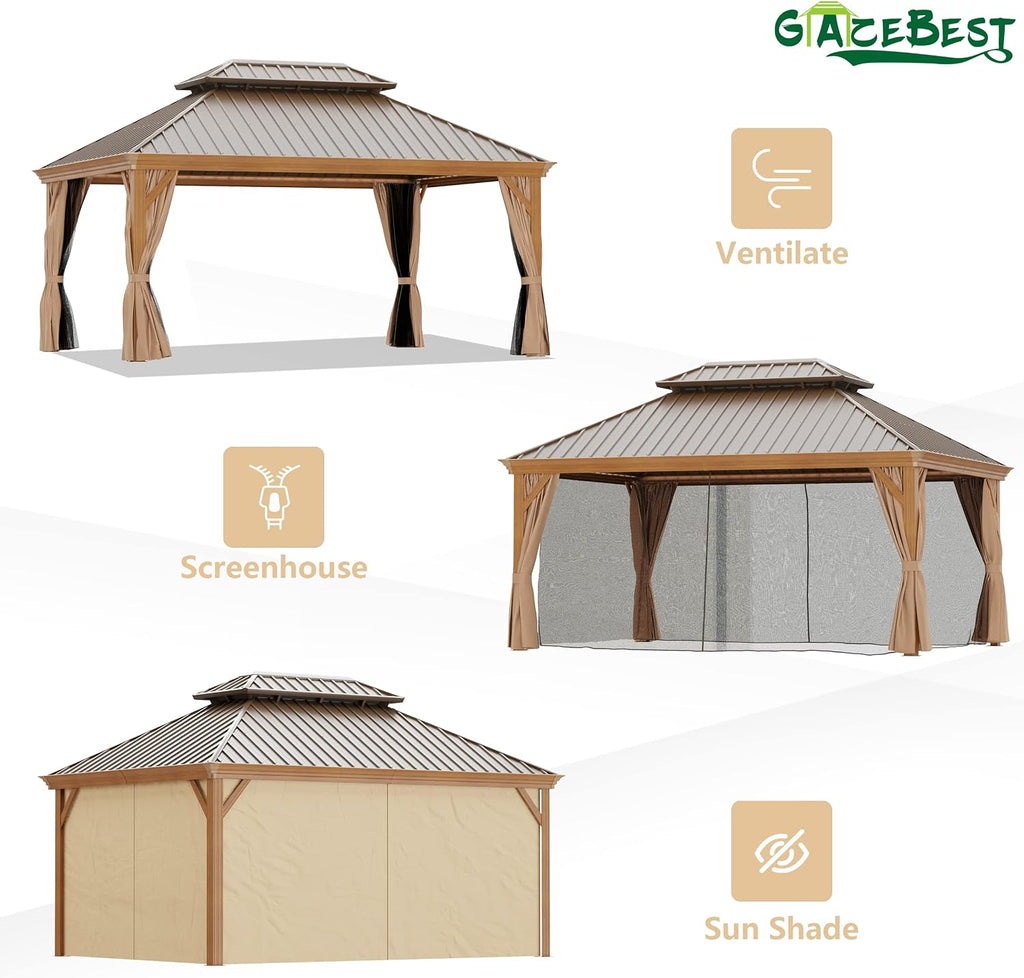 12'x16' Hardtop Gazebo, Outdoor Aluminum Patio Gazebo Double Roof Galvanized Steel Canopy Wooden Finish Coated with Netting and Curtains for Garden, Backyard, Deck and Lawns.
