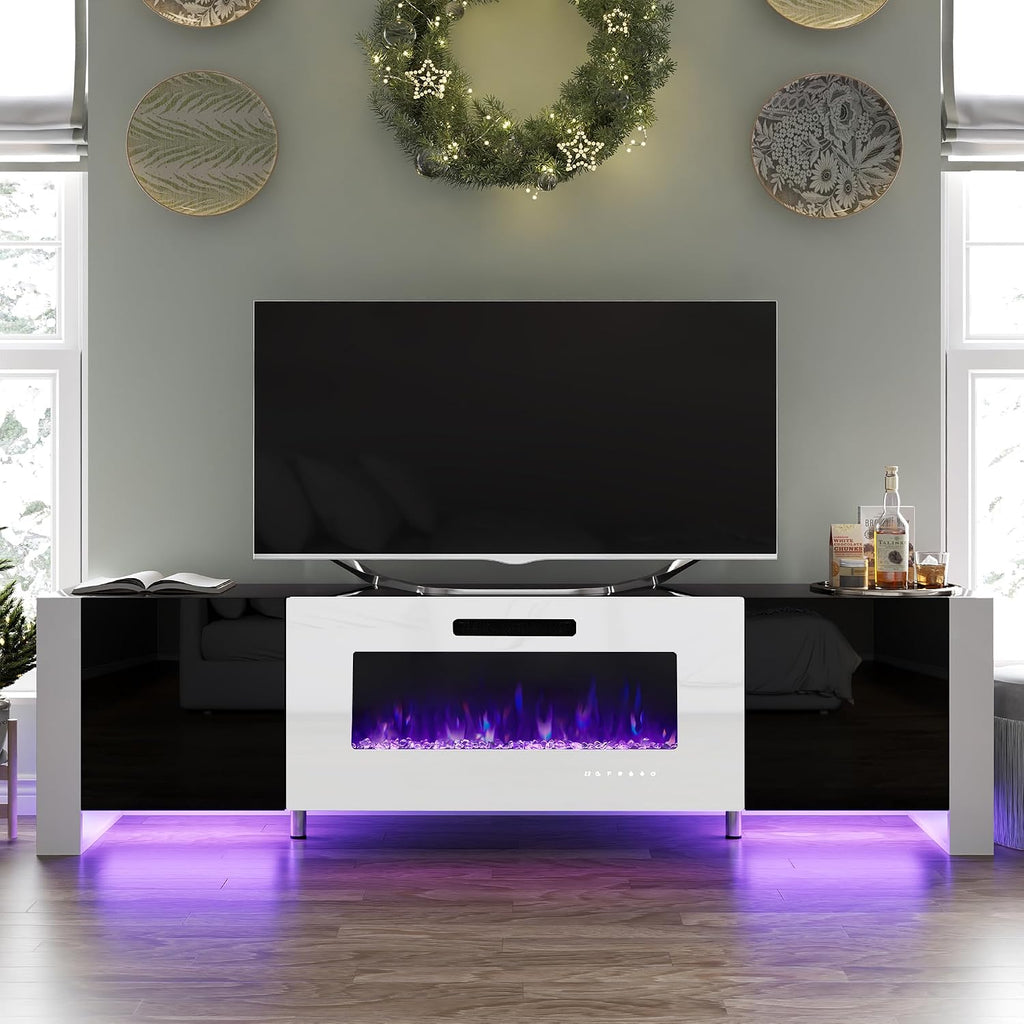 VanAcc 80' Fireplace TV Stand with 40' Electric Fireplace, High Gloss Entertainment Center with LED Lights, Modern Entertainment Stand for TVs up to 90', Black&White