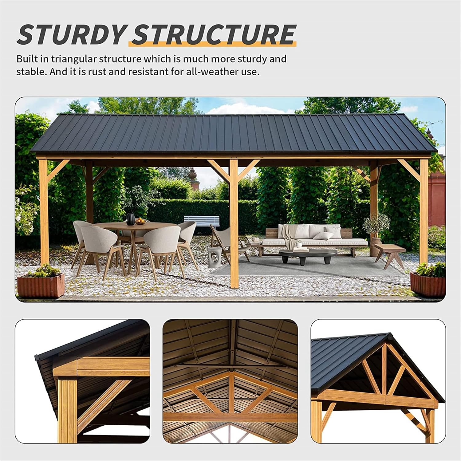12'x20' Hardtop Gazebo, Outdoor Wooden Coated Aluminum Frame Hard Top Gazebo with Galvanized Steel Double Roof, Permanent Metal Roof Gazebo Pavilion for Deck, Patio and Garden (Yellow-Brown)