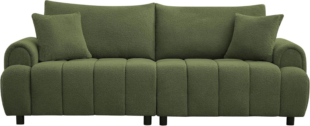 88 'Modern Boucle Sofa Couch, Oversized Comfy 3 Seater Sherpa Curved Sofas Deep Seat, Upholstered Loveseat Teddy Round Arm Couches for Living Room, Bedroom, Green