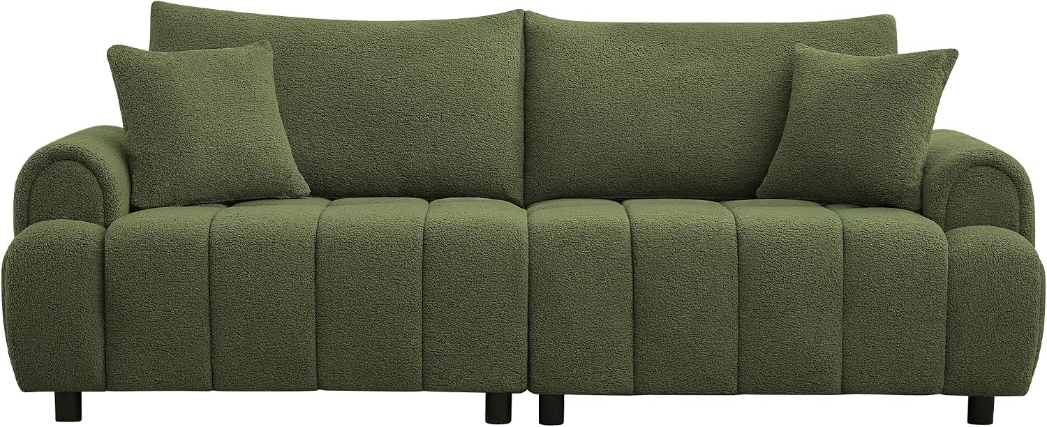 88 'Modern Boucle Sofa Couch, Oversized Comfy 3 Seater Sherpa Curved Sofas Deep Seat, Upholstered Loveseat Teddy Round Arm Couches for Living Room, Bedroom, Green