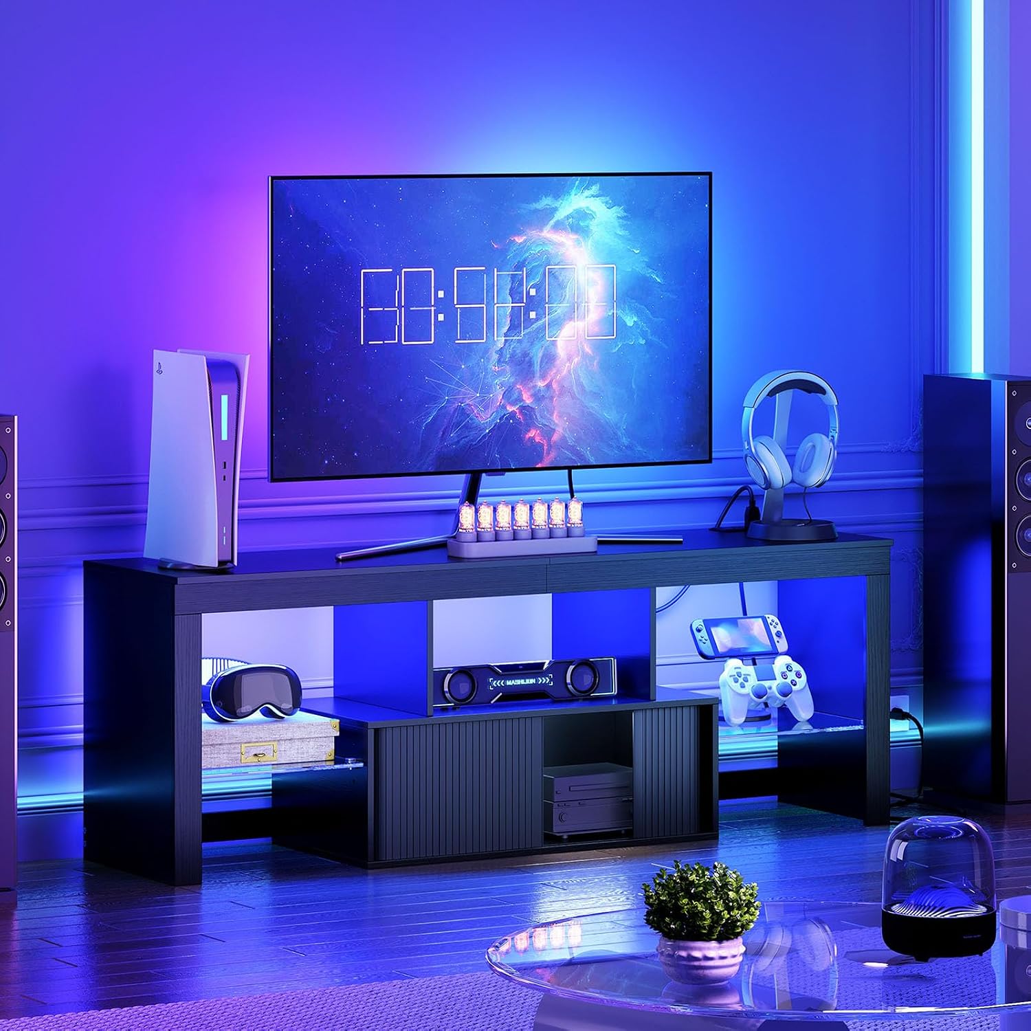 CHOEZON TV Stand with Power Outlet, Modern TV Cabinet for 55 60 inch TVs, Media TV Console with LED Light Strip, Media Entertainment Center with Storage, for Living Room, Bedroom, Black MDS02UDBB