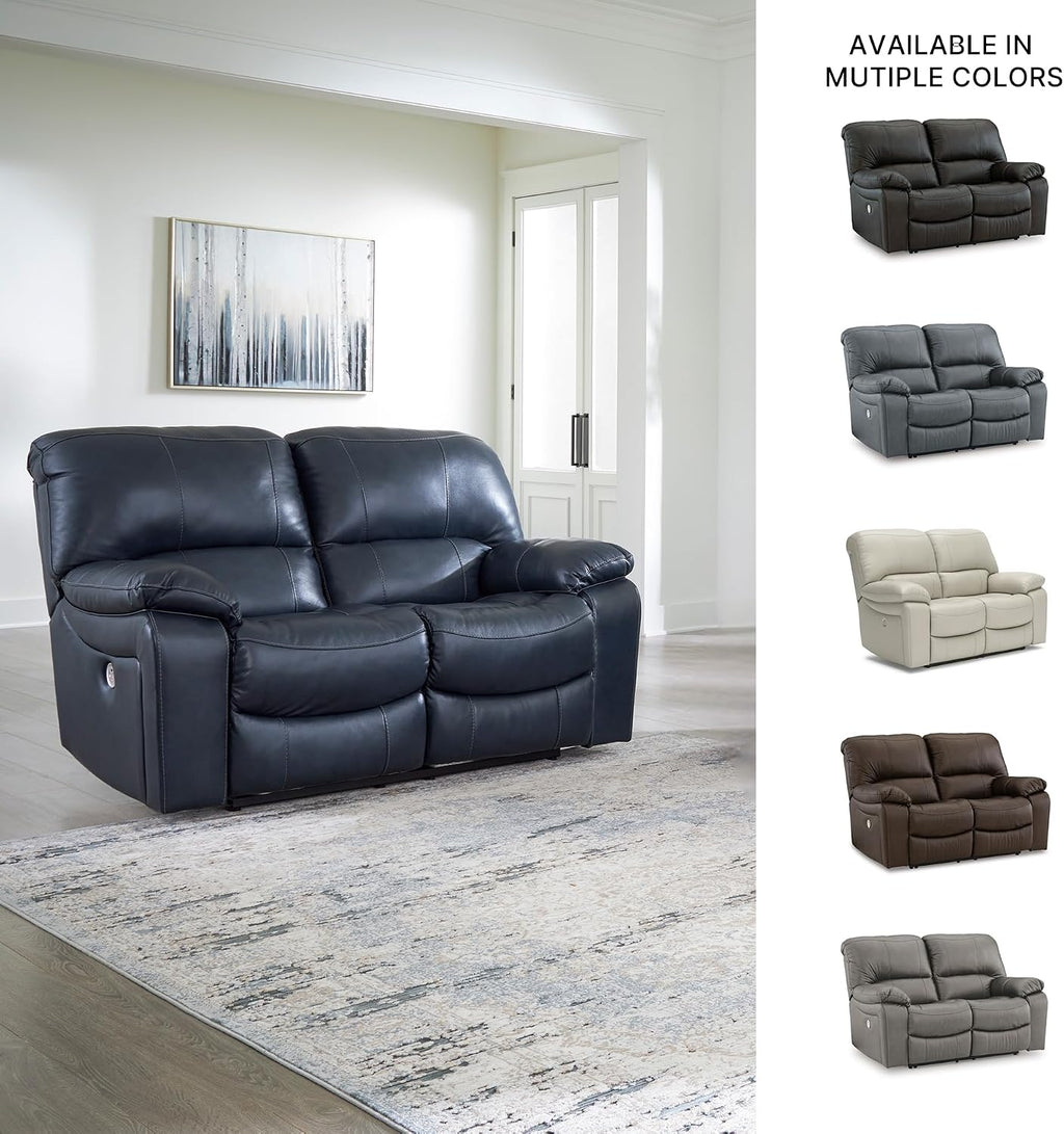 Signature Design by Ashley Leesworth Contemporary Power Reclining Loveseat with One-Touch Control and USB Charging Ports, Leather, 20' Seat Height, Blue