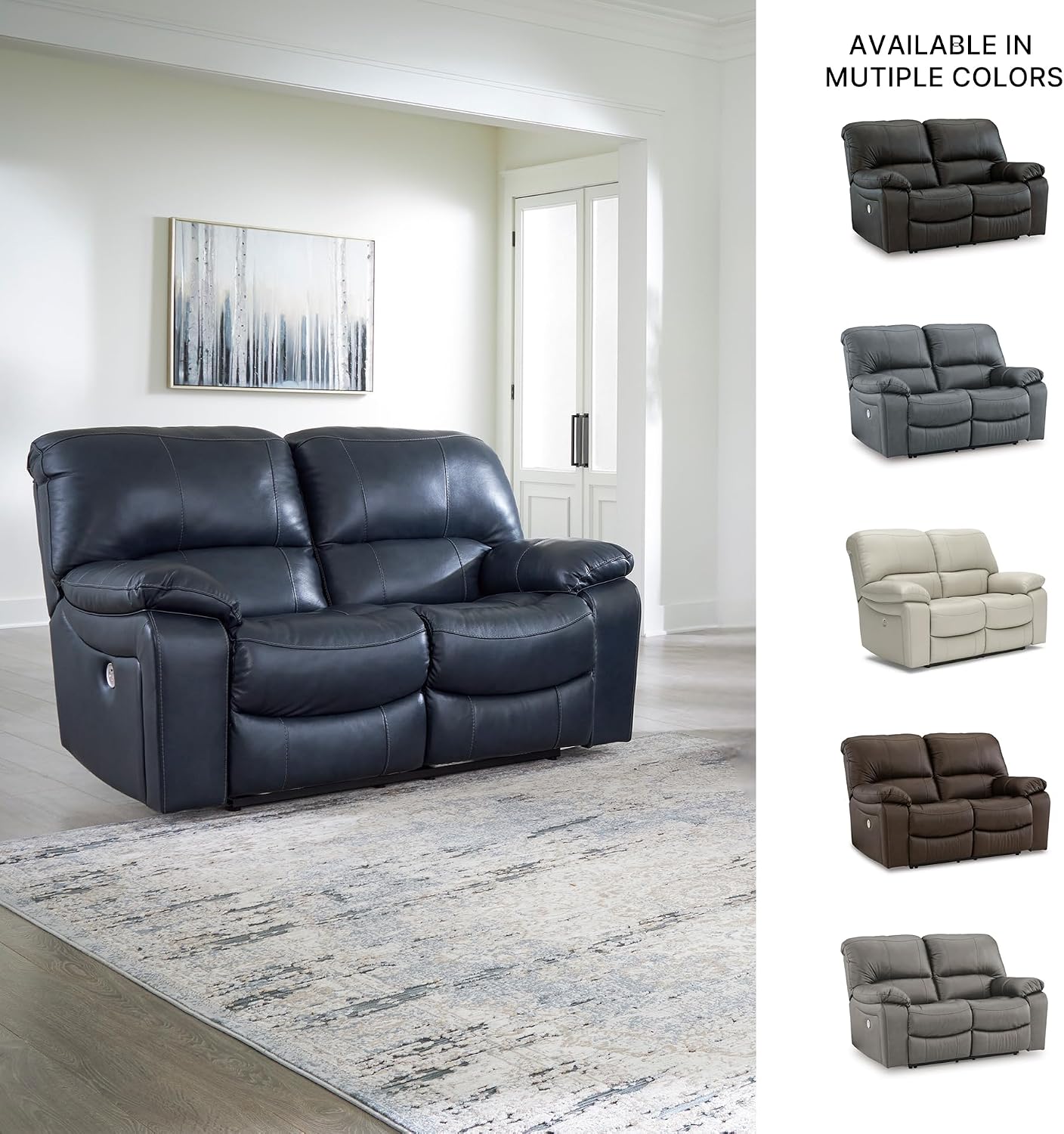 Signature Design by Ashley Leesworth Contemporary Power Reclining Loveseat with One-Touch Control and USB Charging Ports, Leather, 20' Seat Height, Blue