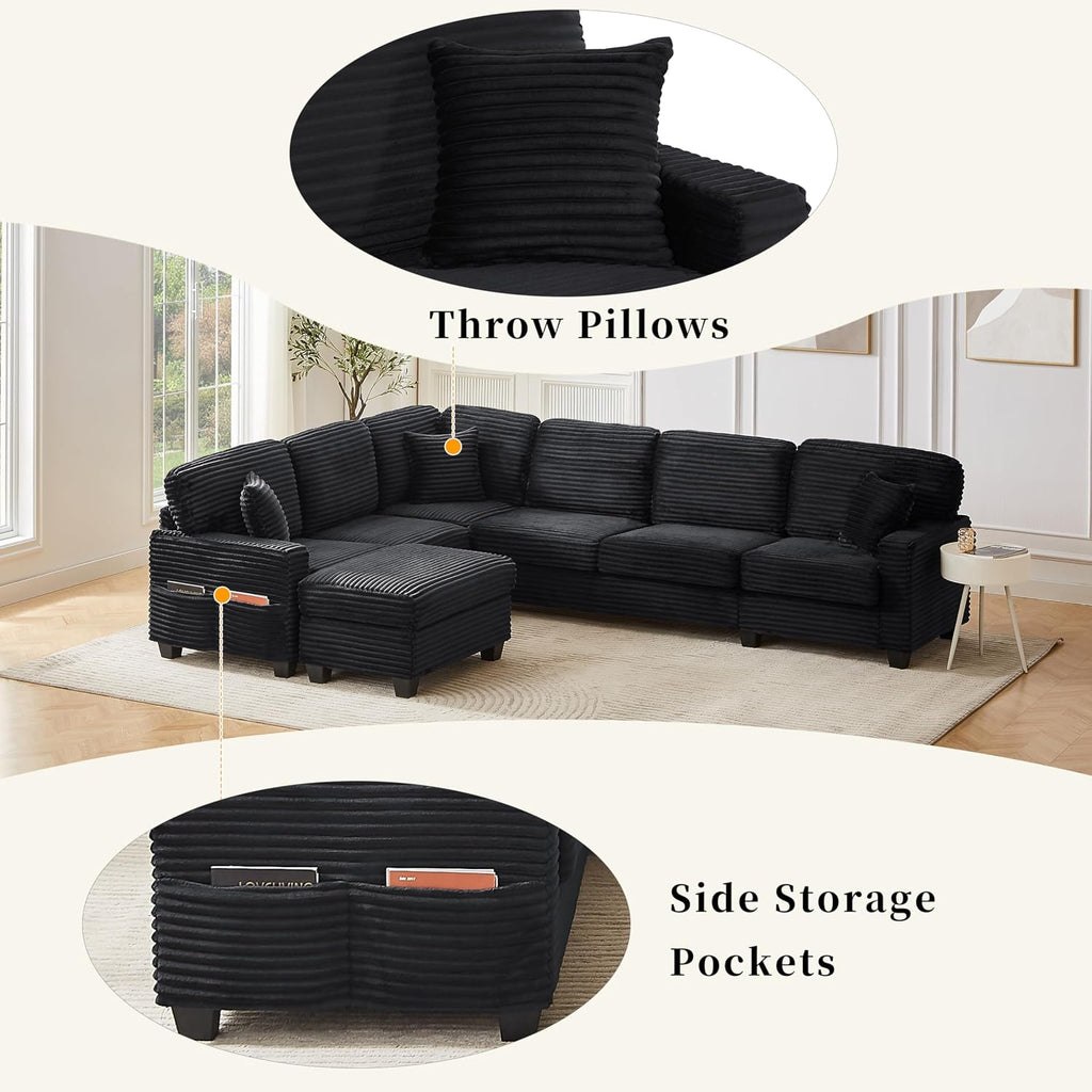 125.2' Sectional Sofa U-Shaped Upholstered Sofa L-Shaped Couch with a Movable Ottoman and Side Storage Pockets for Living Room, Black