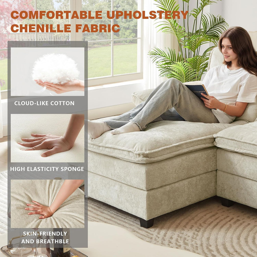 Cloud Couch with Double Chaises, 113' U Shape Sectional 4-Seater Sofa with 2 Layer Cushions, Deep Seat Comfy Sofa, Upholstery Chenille for Living Room, Beige