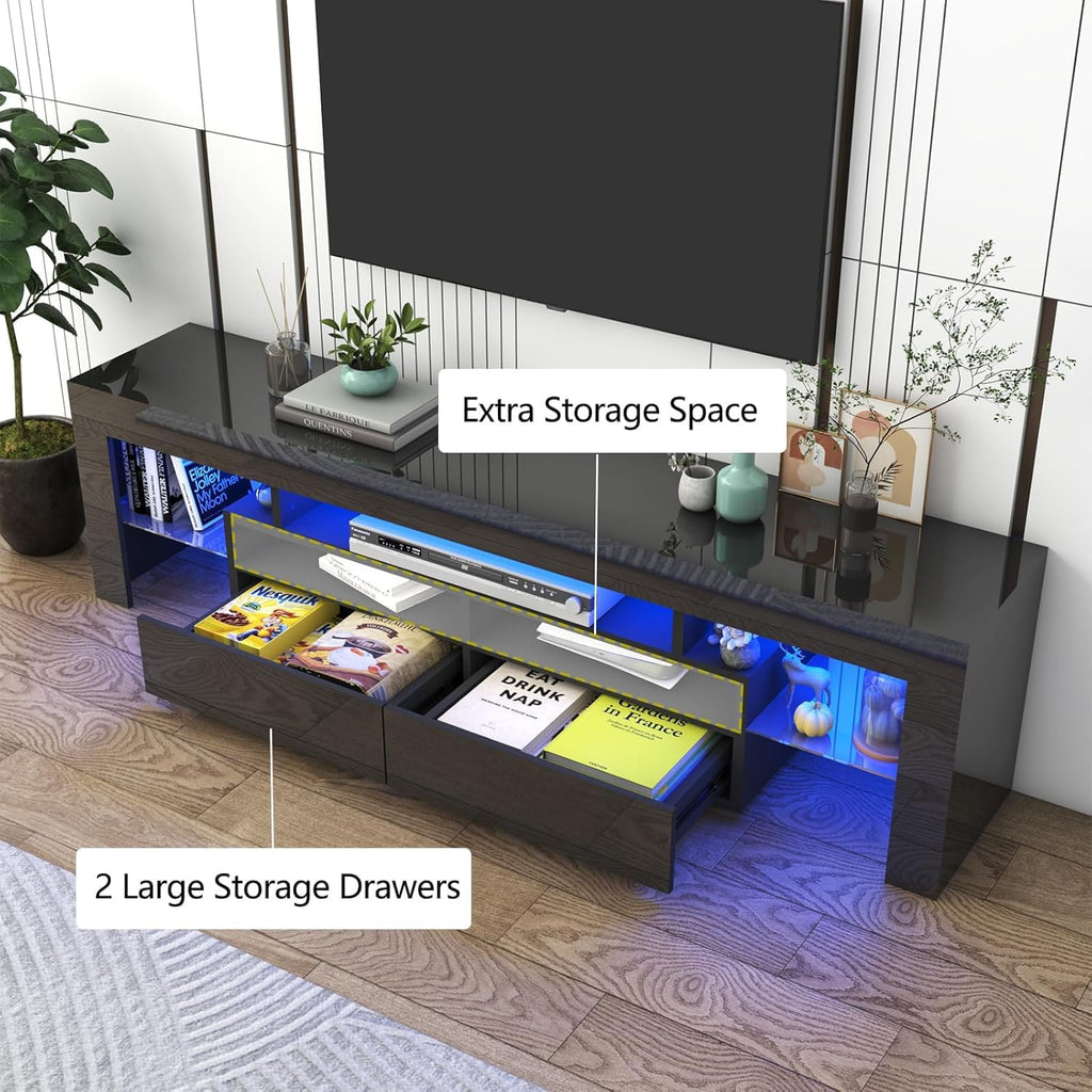 Vinctik 6&Fox 70in LED TV Stand for 75/80/85 inch TV,Modern Black TV Stands for Living Room,High Gloss TV Entertainment Center with 2 Large Storage Drawer,APP RGB Light,TV Console(71in Black)