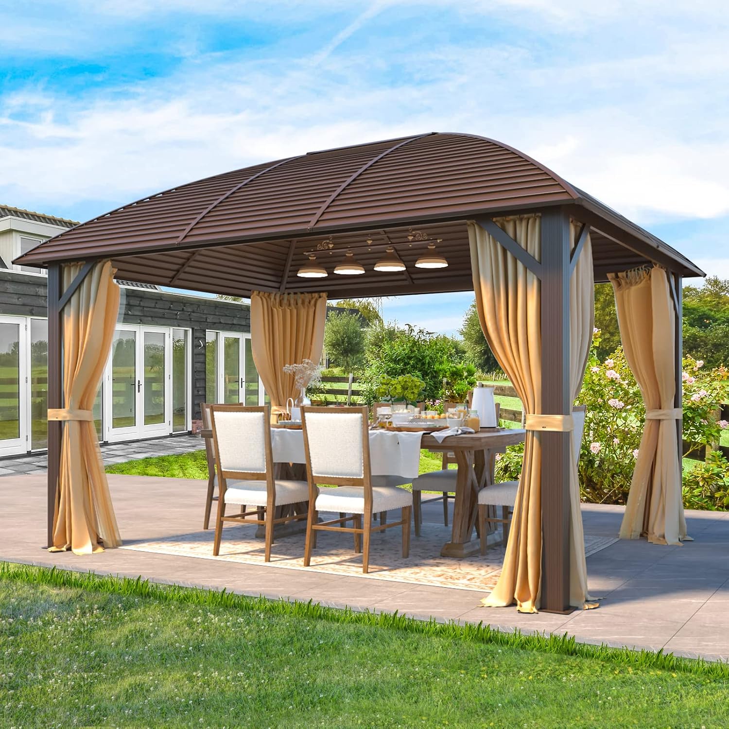 YOLENY 10' x 13' Hardtop Gazebo with Galvanized Steel Roof, Arc Roof Gazebos with Aluminum Frame, Curtain&Netting Included, Sunshade for Gardens, Lawns, Deck
