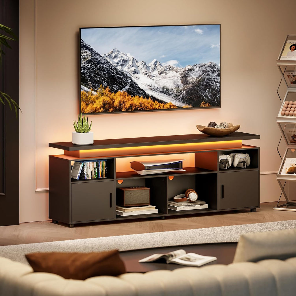 SUNCOZE TV Stand, Entertainment Center with LED Lights and Cabinet for 70/75/80 Inch TV, Modern TV Console Gaming Media Television Stands with Power Outlets for PS5 in Living Room and Bedroom, Black