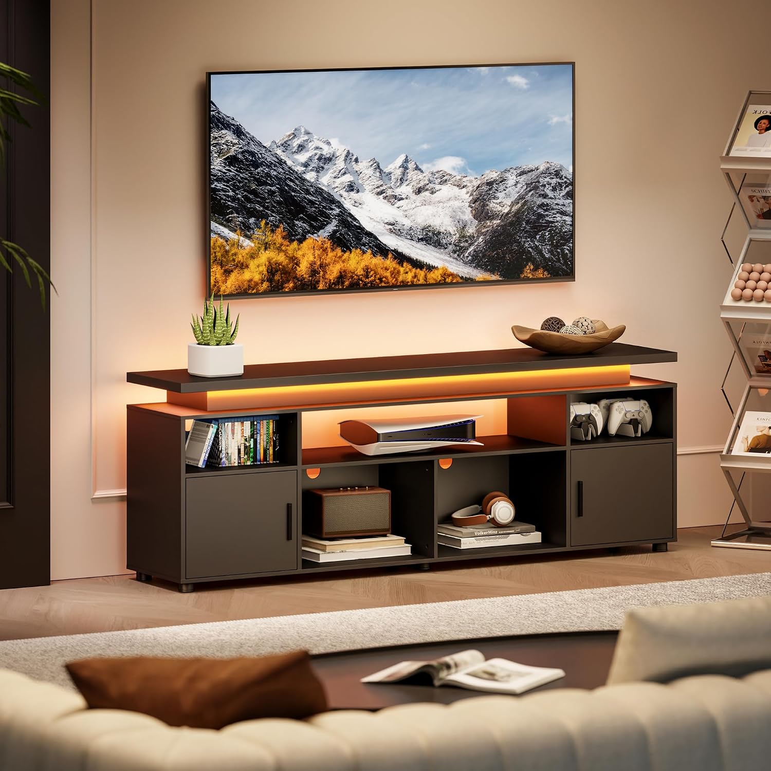 SUNCOZE TV Stand, Entertainment Center with LED Lights and Cabinet for 70/75/80 Inch TV, Modern TV Console Gaming Media Television Stands with Power Outlets for PS5 in Living Room and Bedroom, Black