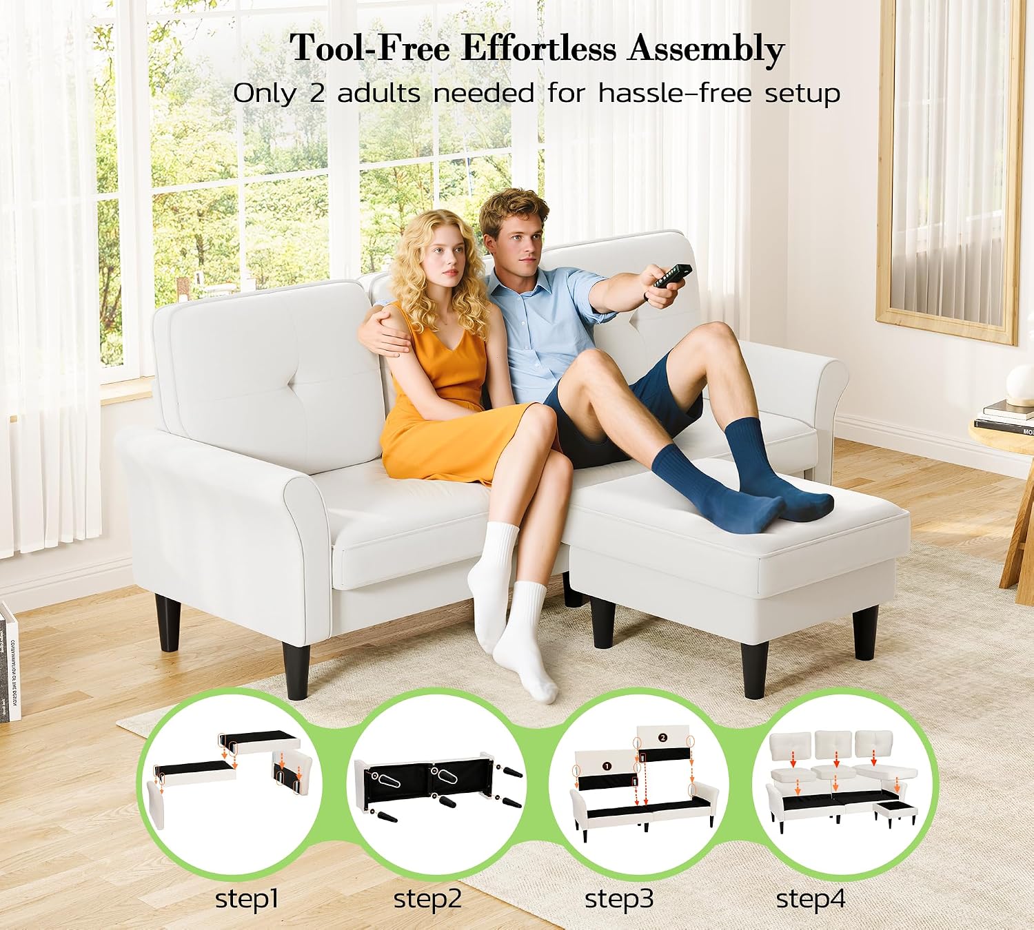 Kidirect 83' Sectional Couch, Velvet L-Shaped Couch 3 Seater Sectional Couches for Living Room, Comfy Fluffy Deep Seat Loveseat, Modular Sectional Sofa with Ottoman for Apartment Office, White Couch