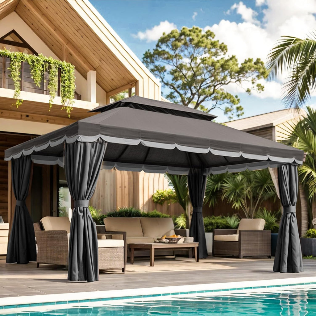 10x13 Gazebo for Patio, Outdoor Gazebo with Mosquito Netting & Curtains, Double Tier Roof Round Leg Marquee Canopy Shelter for Garden, Deck, Backyard, Lawn (D/Gry)