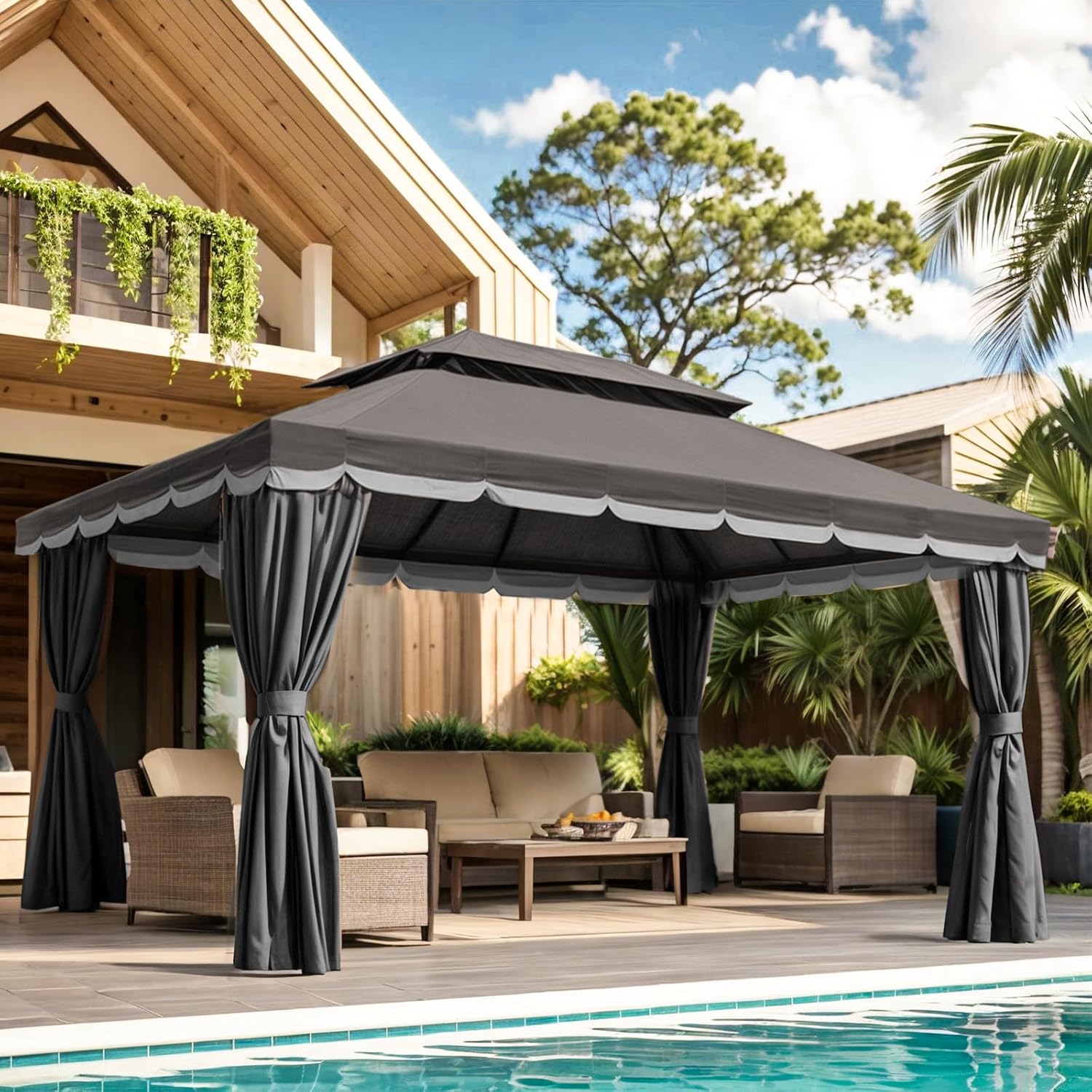 10x13 Gazebo for Patio, Outdoor Gazebo with Mosquito Netting & Curtains, Double Tier Roof Round Leg Marquee Canopy Shelter for Garden, Deck, Backyard, Lawn (D/Gry)