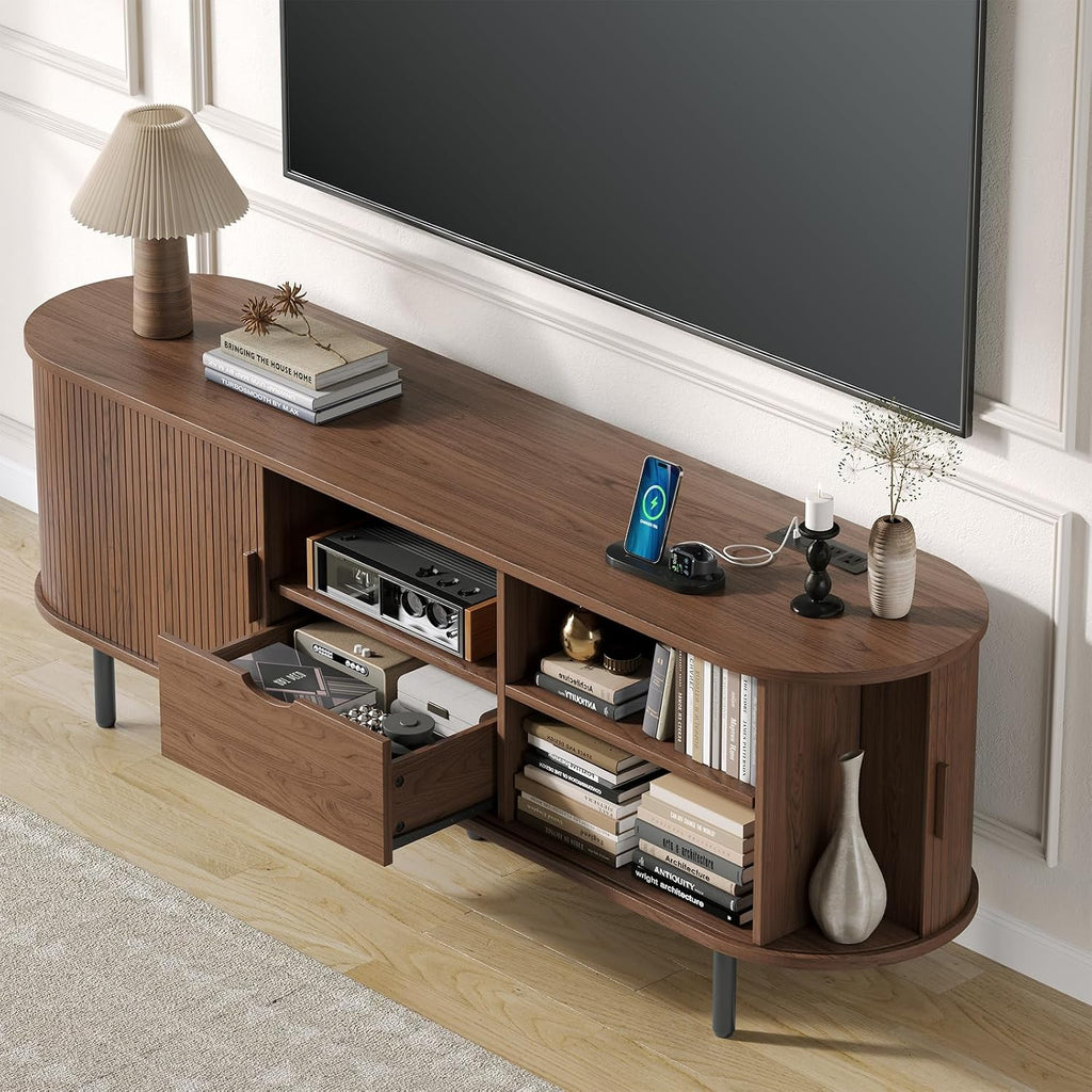 63' Mid-Century TV Stand with Power Outlet, Fluted Entertainment Center with Storage and Drawer, TV Console with Sliding Door and Adjustable Shelves, TV Stand up to 80' for Living Room, Walnut