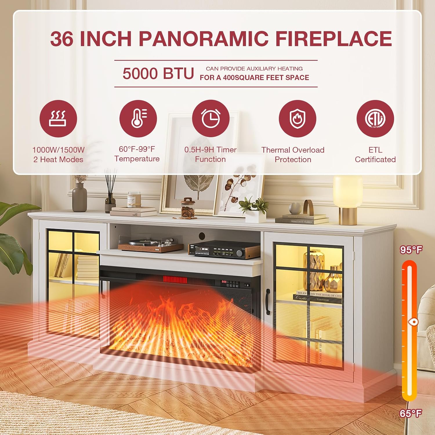 oneinmil 80'' Fireplace TV Stand with 3-Sided Glass, TV Cabinet for TVs up to 85', 80'' Modern Media Entertainment Center with Farmhouse Glass Door Storage Cabinets