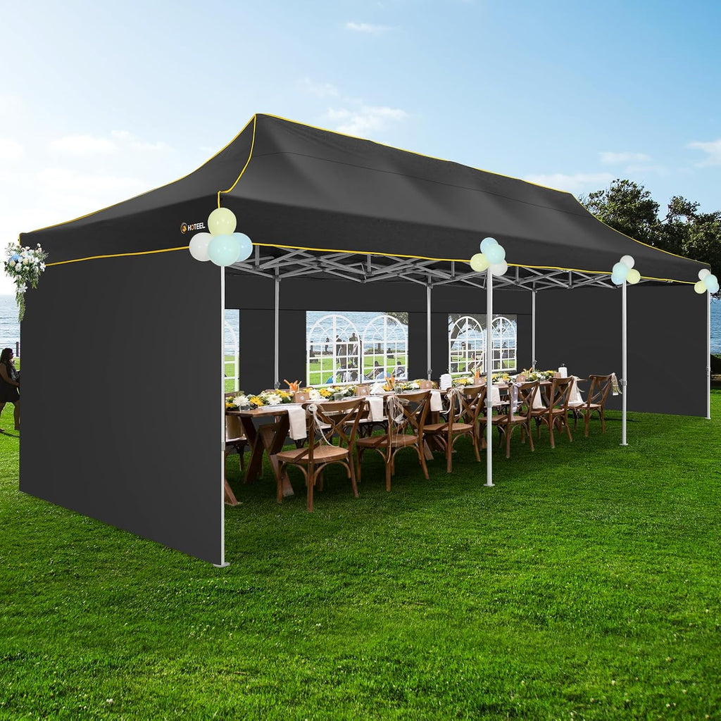 HOTEEL 10x30 Heavy Duty Pop Up Canopy Tent with 5 Sidewalls&Wheeled Bag, Commercial Event Party Tent Wedding Instant Canopy Waterproof, Upgraded Thicked Hexagonal Legs, UV 50+, Black