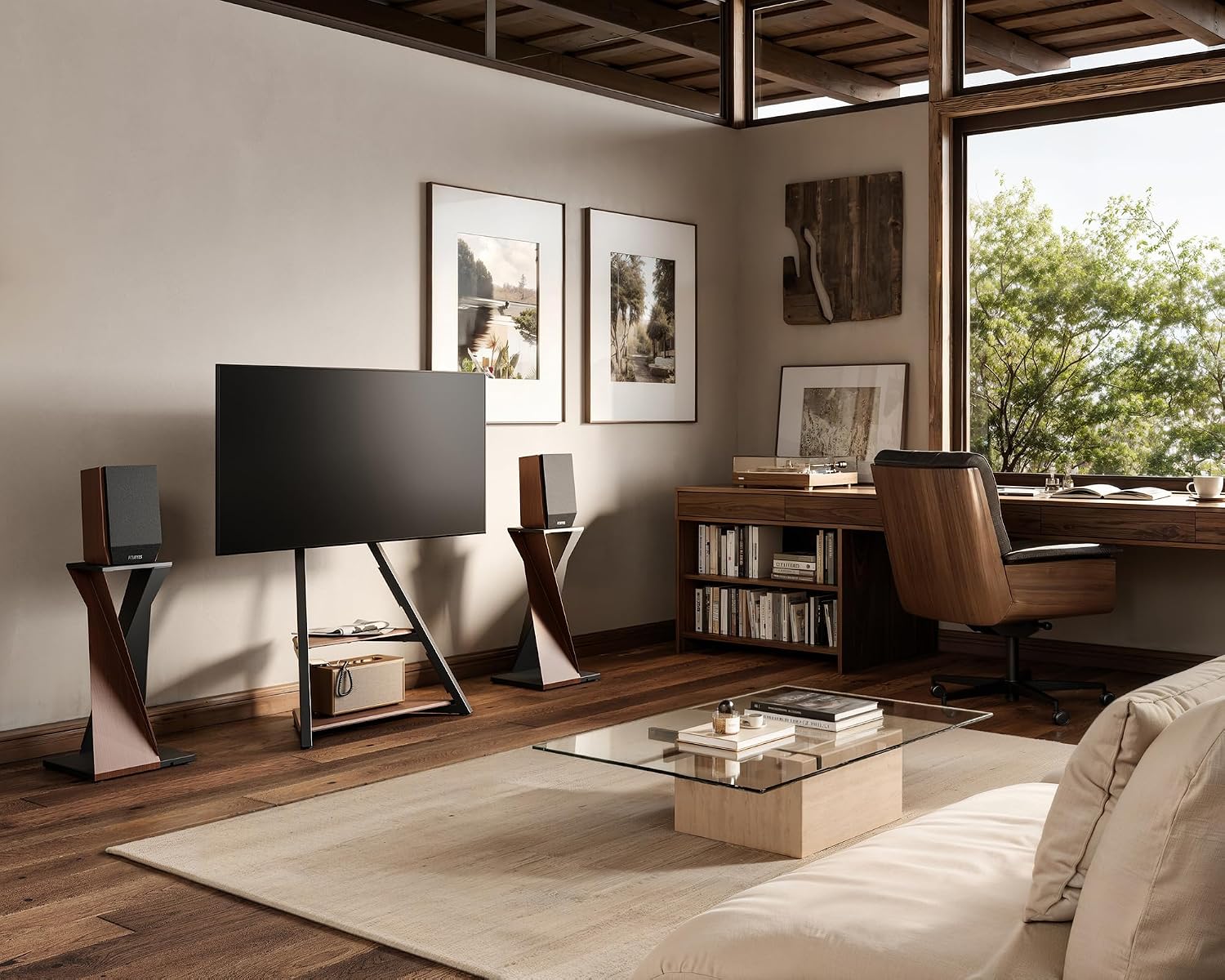 FITUEYES Design Corner TV Stand for 32 43 50 55 65 Inch TVs, Small Spaces Floor TV Stand Rolling TV Cart for LCD/LED Flat Curved Screens, Modern Living Room Television Stands, Eiffel Series, Walnut