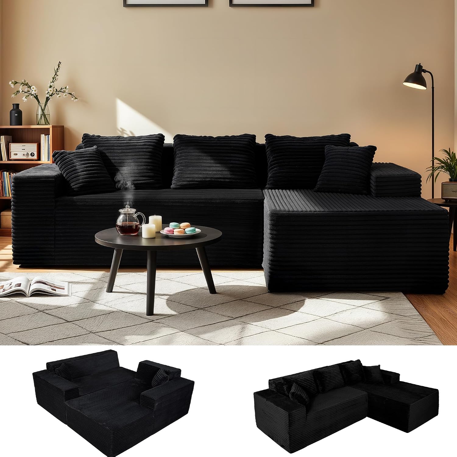 Claiks 104' Boneless Couch, Cloud Couch Sectional, L-Shape Corduroy Modular Sectional Sofa Deep Seat, Upholstered Couches for Living Room, No Assembly Required, Black, Right Facing Chaise